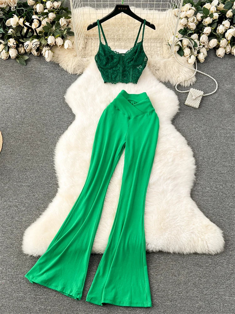 LVSANW SINGREINY Hotsweet Sexy Sets Strap Sleeveless Lace Tops+High Waist Flare Pants Women Fashion Solid Vacation Style Summer Suits