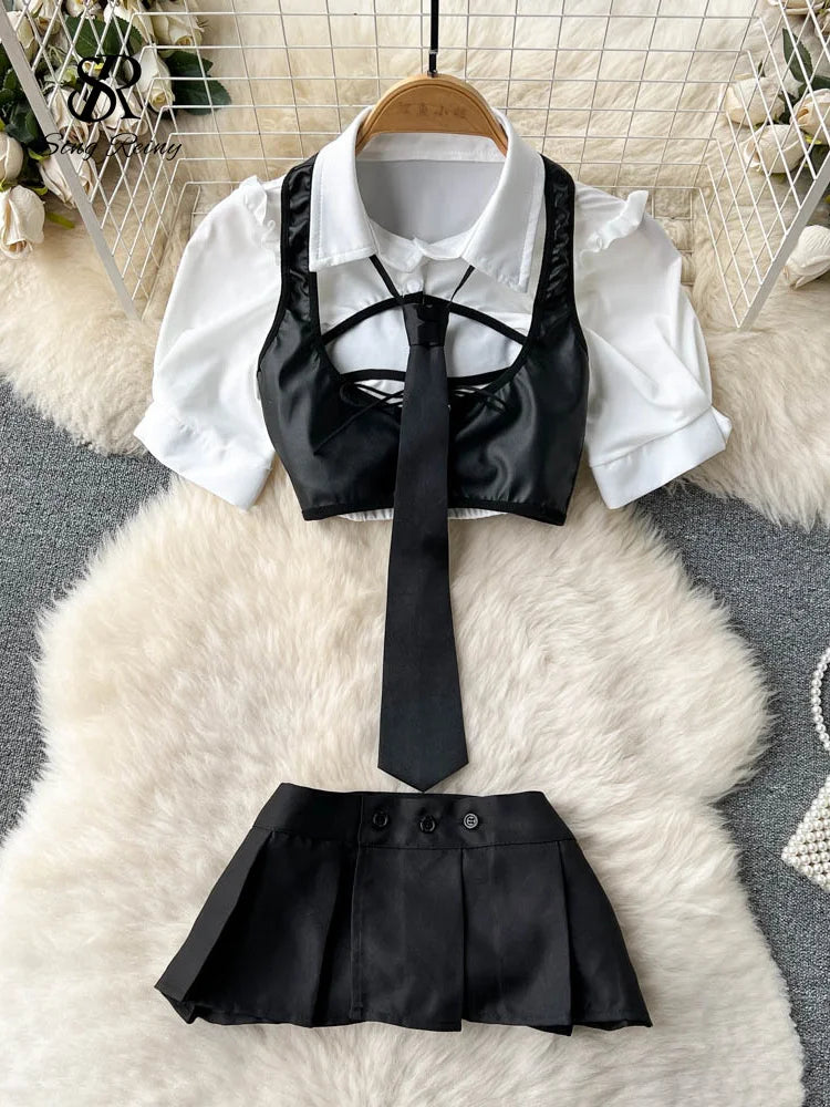 LVSANW SINGREINY Preppy Style Erotic Skirt Suits Fashion Short Sleeve Tops+Button Mini Skirt Suit Women Hollow Out Sexy 2 Pieces Sets