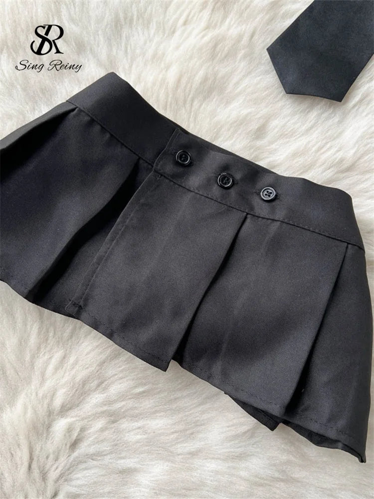 LVSANW SINGREINY Preppy Style Erotic Skirt Suits Fashion Short Sleeve Tops+Button Mini Skirt Suit Women Hollow Out Sexy 2 Pieces Sets