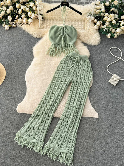 LVSANW SINGREINY Summer Knitted Beach Two Pieces Sets Women Halter Backless Camis+Wide Legs Long Pants Tassel Hollow Out Bohe Suits