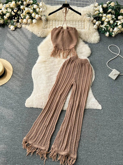 LVSANW SINGREINY Summer Knitted Beach Two Pieces Sets Women Halter Backless Camis+Wide Legs Long Pants Tassel Hollow Out Bohe Suits