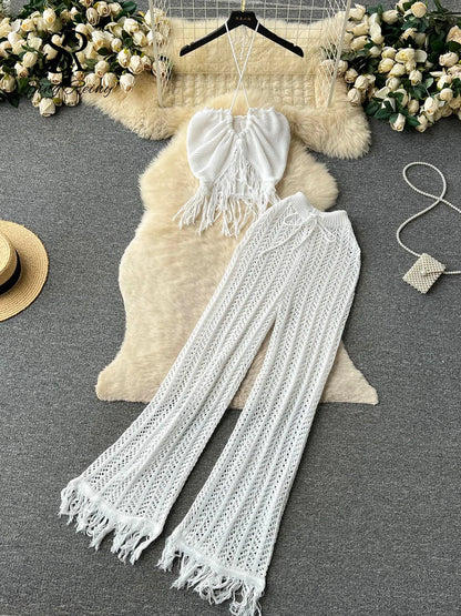 LVSANW SINGREINY Summer Knitted Beach Two Pieces Sets Women Halter Backless Camis+Wide Legs Long Pants Tassel Hollow Out Bohe Suits