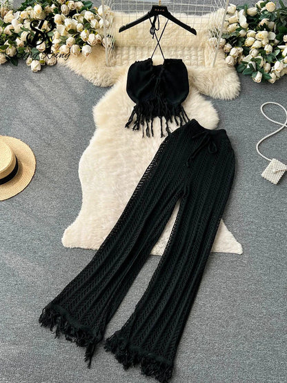 LVSANW SINGREINY Summer Knitted Beach Two Pieces Sets Women Halter Backless Camis+Wide Legs Long Pants Tassel Hollow Out Bohe Suits