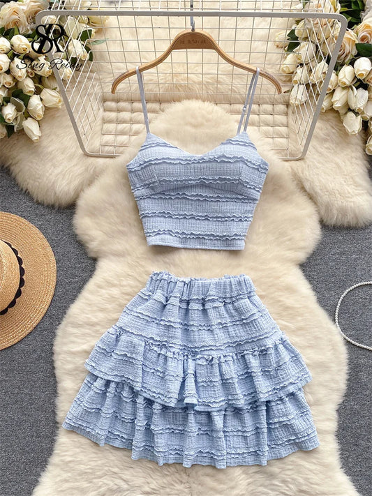 LVSANW SINGREINY Sweet Ruched Two Pieces Sets V Neck Strap Crop Tops+Short Pleated Skirt Women Korean Style Chic Summer Beachwear Suits