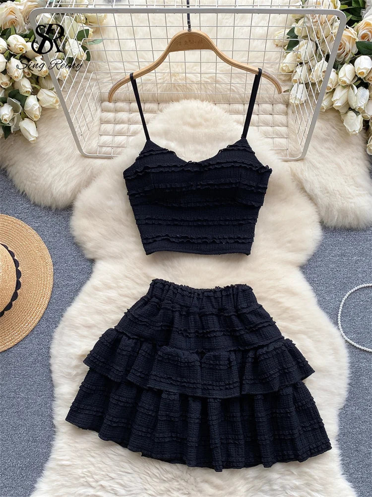 LVSANW SINGREINY Sweet Ruched Two Pieces Sets V Neck Strap Crop Tops+Short Pleated Skirt Women Korean Style Chic Summer Beachwear Suits