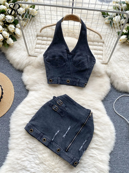 LVSANW SINGREINY Trend High Street Denim Suits Backless Sleeveles Halter Y2K Top+ Zipper Pleated Mini Skirt Hollow Out Two Pieces Sets