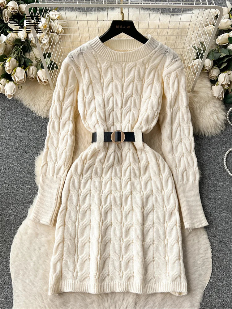 LVSANW SINGREINY Winter Warm Knit Mini Dress Women Belt Long Sleeve O Neck Elastic Waist Elegant Ladies Slim Soft Sweater Dresses