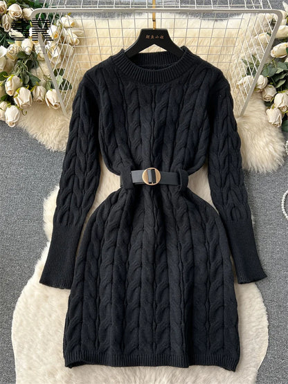 LVSANW SINGREINY Winter Warm Knit Mini Dress Women Belt Long Sleeve O Neck Elastic Waist Elegant Ladies Slim Soft Sweater Dresses