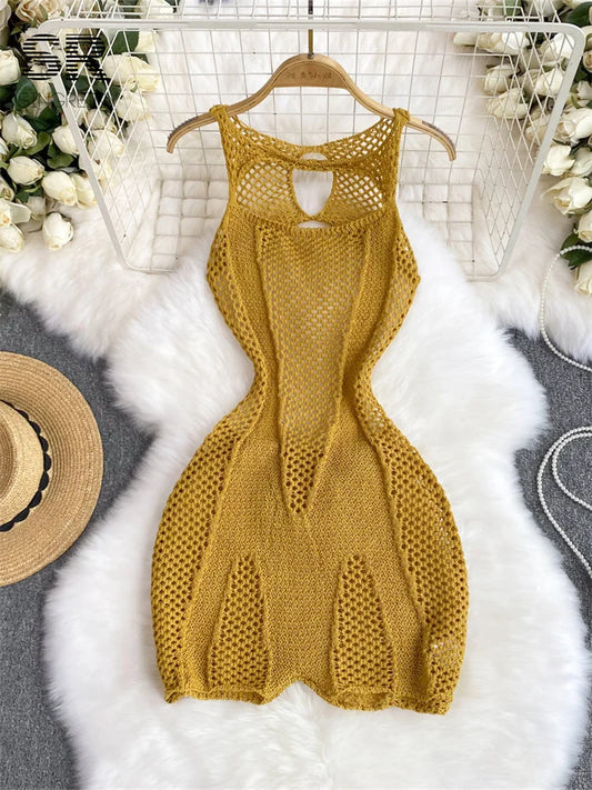 LVSANW SINGREINY Yellow Sleeveless Jumpsuit Women Hollow Out O Neck Elegant Stretch Transparent Ladies Casual Summer Slim Rompers