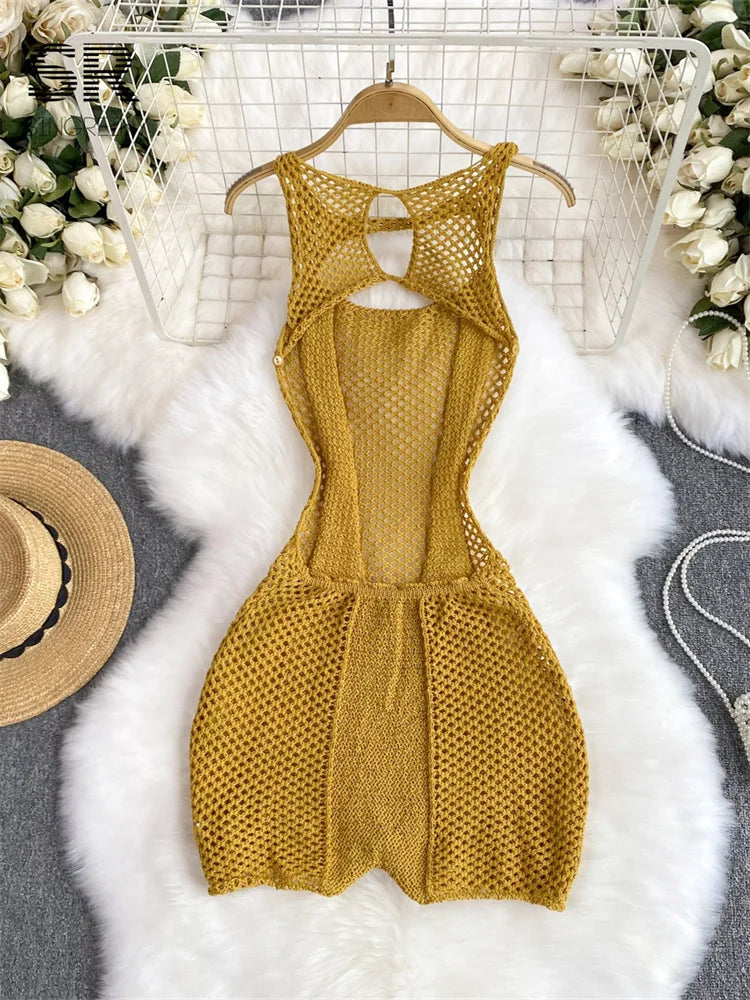 LVSANW SINGREINY Yellow Sleeveless Jumpsuit Women Hollow Out O Neck Elegant Stretch Transparent Ladies Casual Summer Slim Rompers