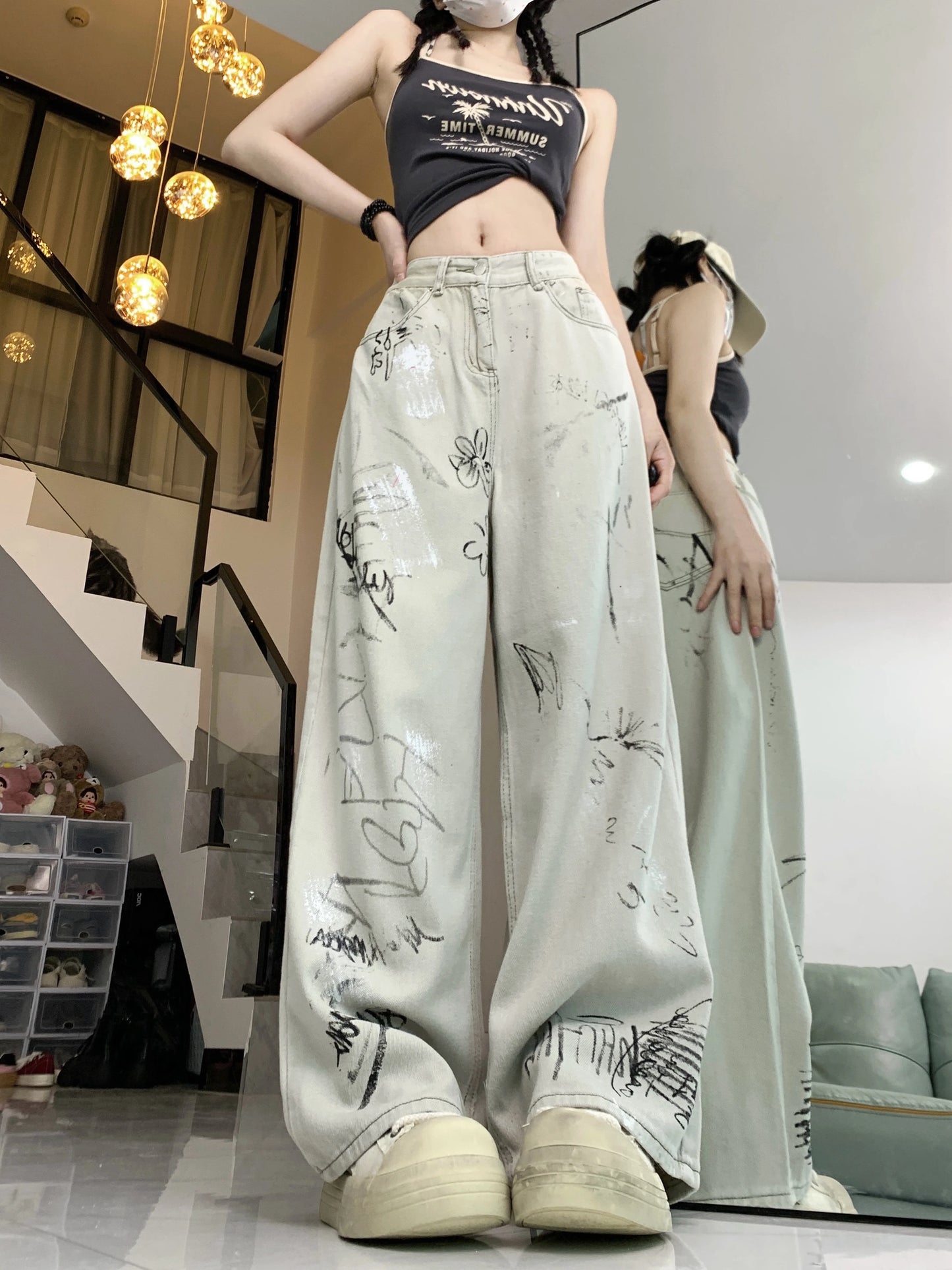 LVSANW High Street Scrawl Print Jeans for Women American Hip-hop Vintage Wide Leg Pants Women Casual Trendy All-match Woman Trousers