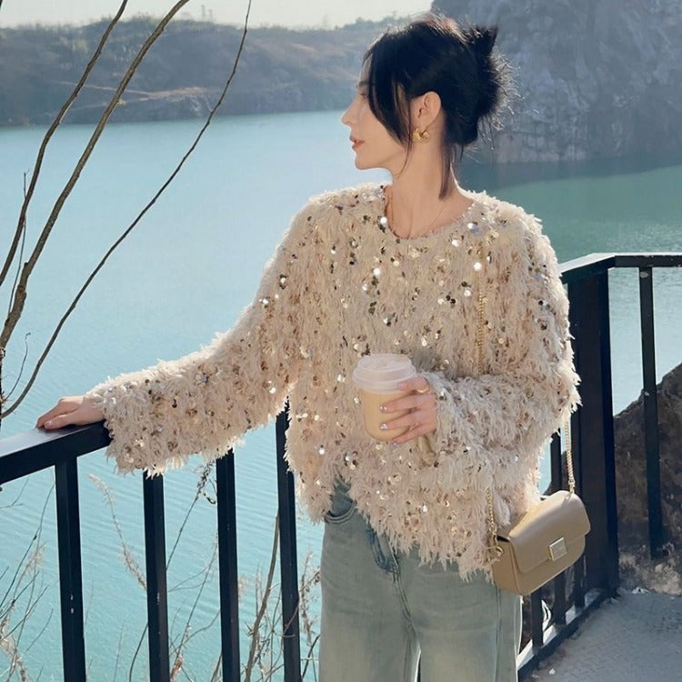 LVSANW Korean Chic Sequin Tassel Sweaters Mujer 2024 Autumn New O-neck Plush Knitted Pullover Y2k E-Girl Long Sleeve Tops Women