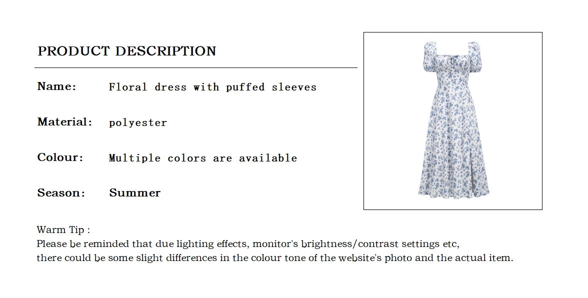 LVSANW Y2k Vintage Blue Floral Dress Women Elegant Party Fashion Summer Puff Sleeve Sexy Split Long Dresses for Womens Aesthetic 2024