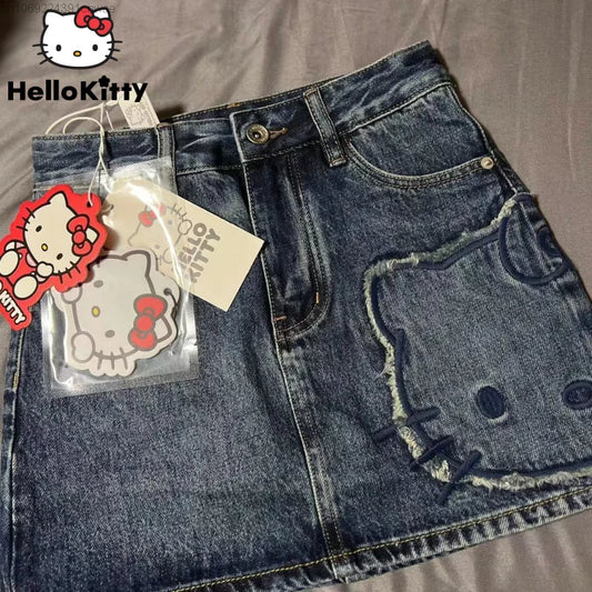 LVSANW Sanrio Hello Kitty Gothic Design Mini Denim Skirt Women's Summer New High Waist Wrap Jean Skirt A-line Korean Y 2k Fashion Skirt