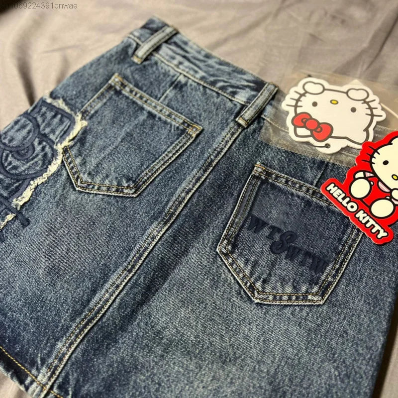 LVSANW Sanrio Hello Kitty Gothic Design Mini Denim Skirt Women's Summer New High Waist Wrap Jean Skirt A-line Korean Y 2k Fashion Skirt