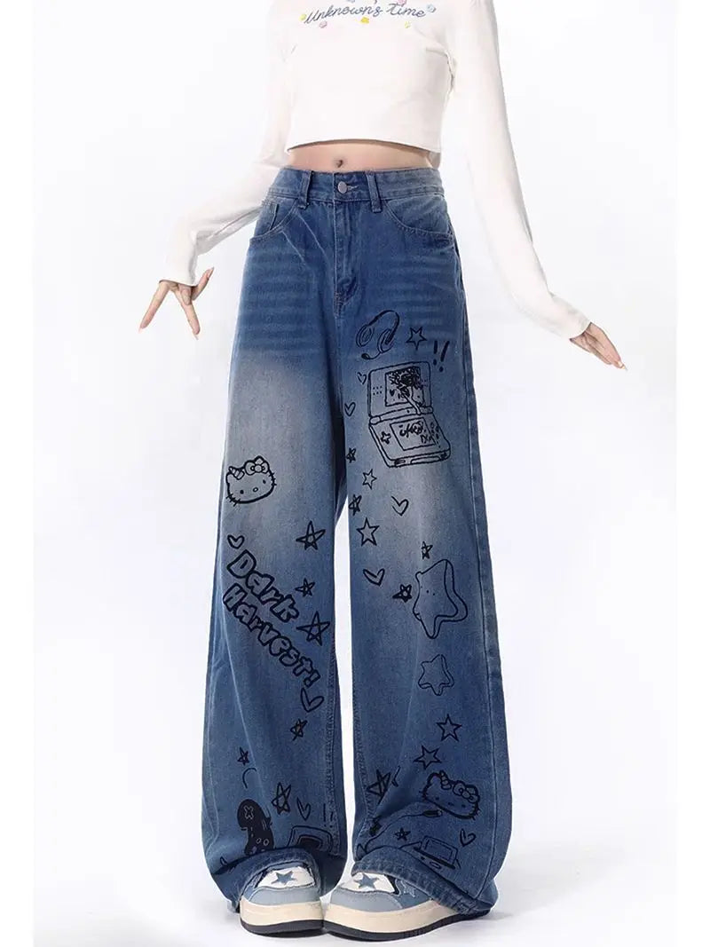 LVSANW Sanrio Hello Kitty Jeans Graffiti Print Trousers Y2k Pants Student Casual Baggy Pants Washed Design Loose Hip Hop Sweatpants