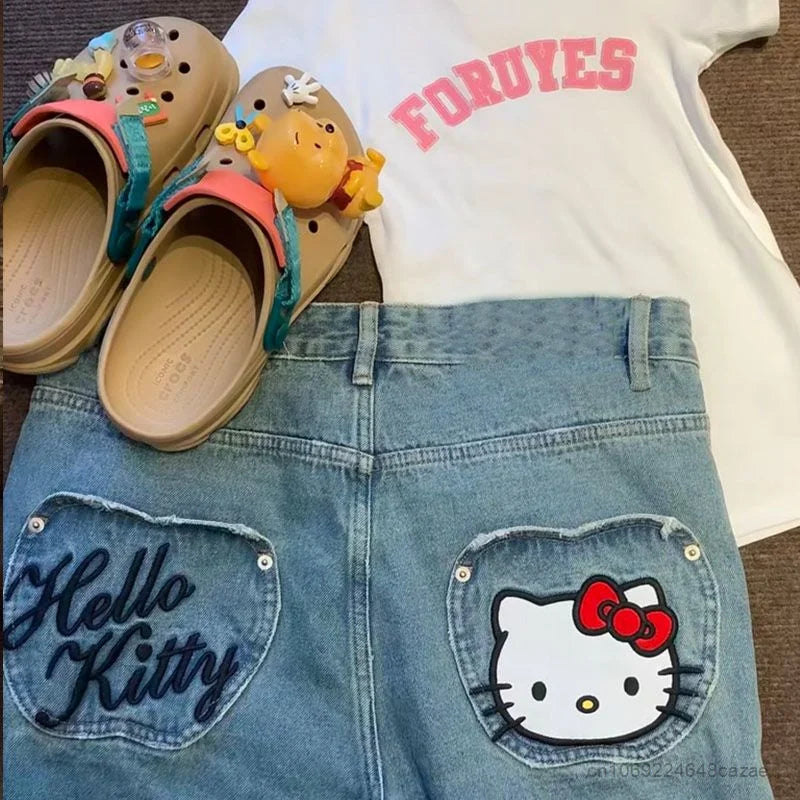 LVSANW Sanrio Hello Kitty Jeans Women Cartoon Embreoideried Fashion Pants High Street Ripped Jeans Y2k Aesthetic Trend Denim Trousers