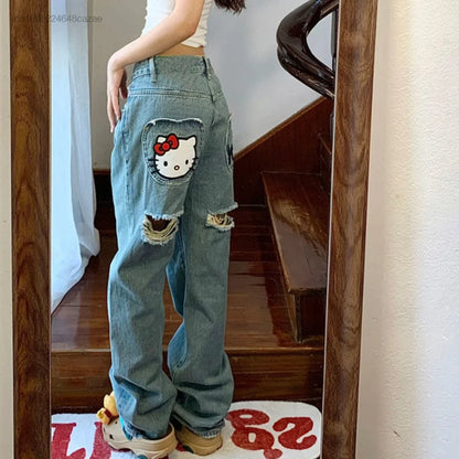 LVSANW Sanrio Hello Kitty Jeans Women Cartoon Embreoideried Fashion Pants High Street Ripped Jeans Y2k Aesthetic Trend Denim Trousers