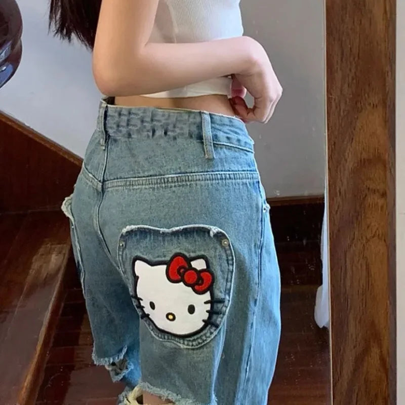 LVSANW Sanrio Hello Kitty Jeans Women Cartoon Embreoideried Fashion Pants High Street Ripped Jeans Y2k Aesthetic Trend Denim Trousers