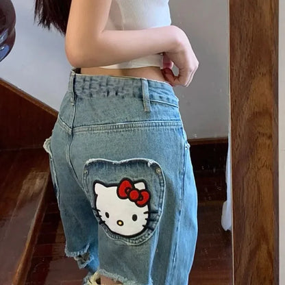 LVSANW Sanrio Hello Kitty Jeans Women Cartoon Embreoideried Fashion Pants High Street Ripped Jeans Y2k Aesthetic Trend Denim Trousers