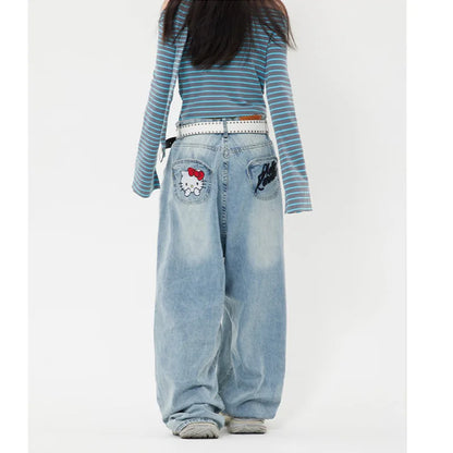 LVSANW Sanrio Hello Kitty Y2k Baggy Jeans High Waist Wide Leg Pants Women American Street Retro Femme Hello Kitty Stuff Y2k Clothes