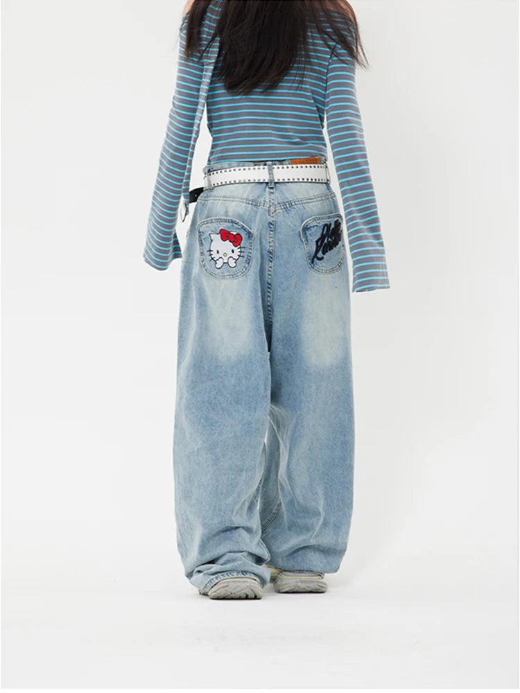 LVSANW Sanrio Hello Kitty Y2k Baggy Jeans High Waist Wide Leg Pants Women American Street Retro Femme Hello Kitty Stuff Y2k Clothes