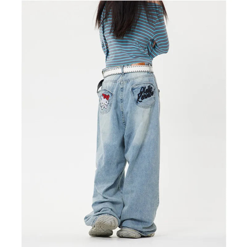 LVSANW Sanrio Hello Kitty Y2k Baggy Jeans High Waist Wide Leg Pants Women American Street Retro Femme Hello Kitty Stuff Y2k Clothes