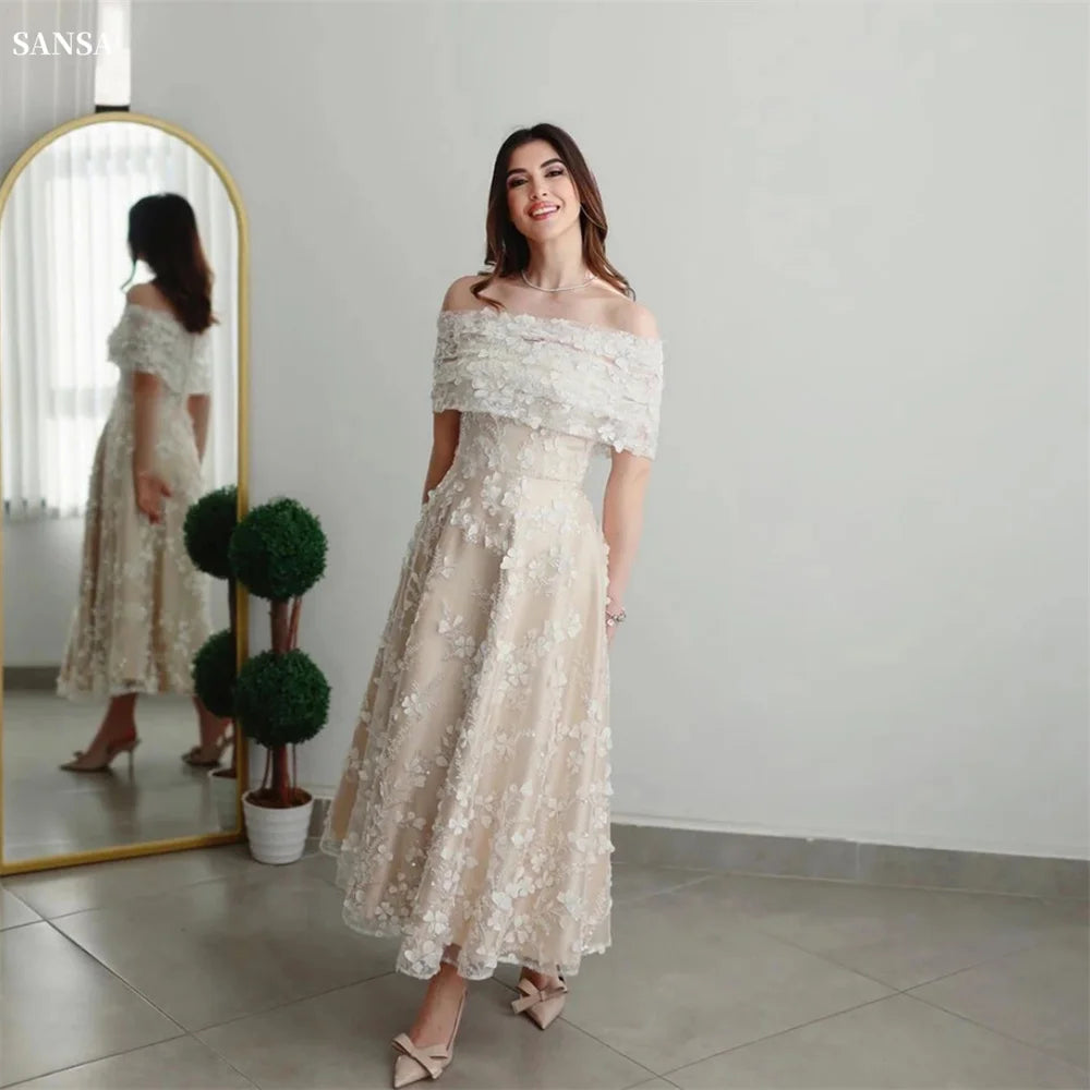 LVSANW Sansa Luxury Champagne Off Shoulder Engagement dress Glitter 3D Embroidery Vestidos de fiesta A-line Ankle-Length فساتين سهرة