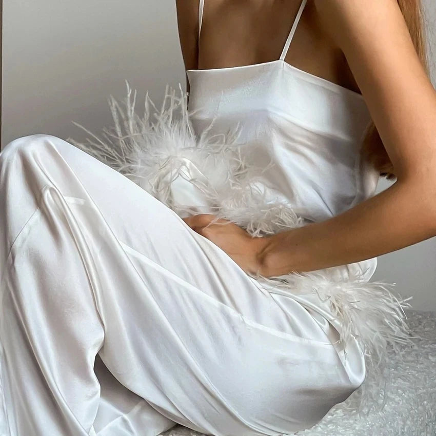 LVSANW Satin Pajamas With Feathers Sleepwear Women Sets With Pants Black Spaghetti Strap Home Suit White Trouser Suits 2024