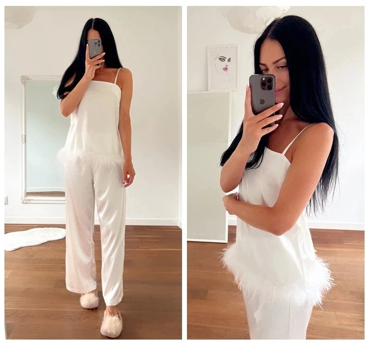 LVSANW Satin Pajamas With Feathers Sleepwear Women Sets With Pants Black Spaghetti Strap Home Suit White Trouser Suits 2024