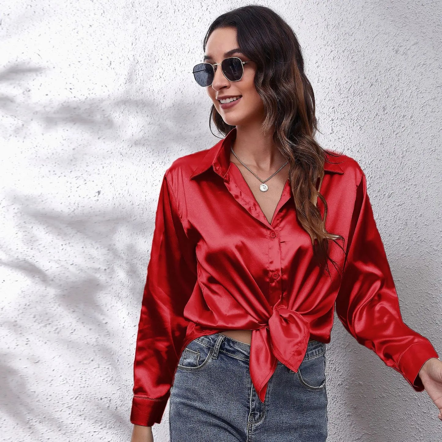 LVSANW Satin Shirt Silk Top Elegant and Comfortable Long Sleeve Loose Fit Women's Spring New Fashion Casual Street Button Shirt