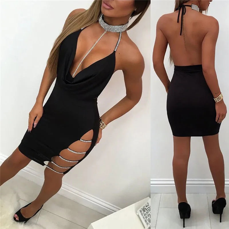 LVSANW Sexy Deep V Neck Low-cut Side Split Silver Collar Bodycon Dress Women Elegant Backless Sleeveless Mini Dress Club Party Vestidos