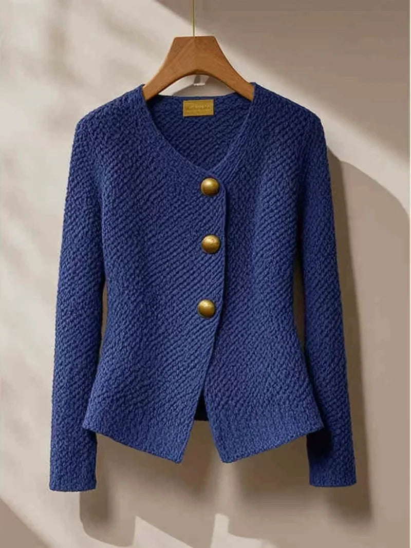 LVSANW Autumn Winter Fashion Solid Chic Button Thick Knitter Cardigan Women's Clothing Elegant Wool Slim V-neck Commute Blue Sweaters