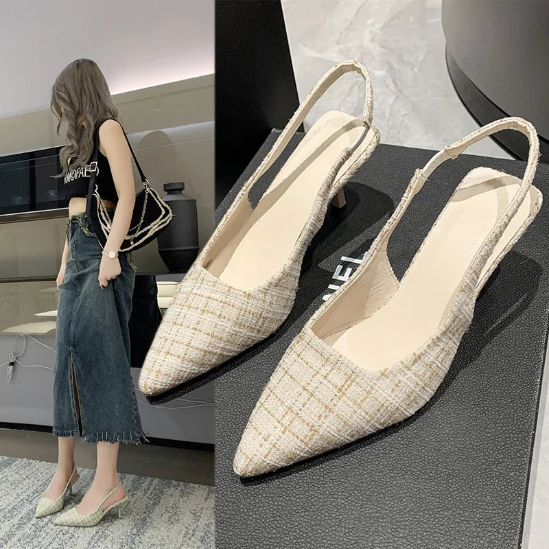 LVSANW Sea Salt Blue Pointed High Heel Sandals for Women Back Hollow Half Headed Single Shoes Fashion Versatile Casual Shoes