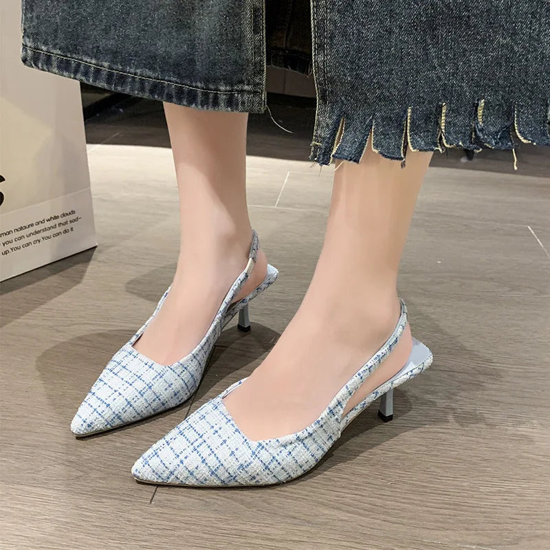 LVSANW Sea Salt Blue Pointed High Heel Sandals for Women Back Hollow Half Headed Single Shoes Fashion Versatile Casual Shoes