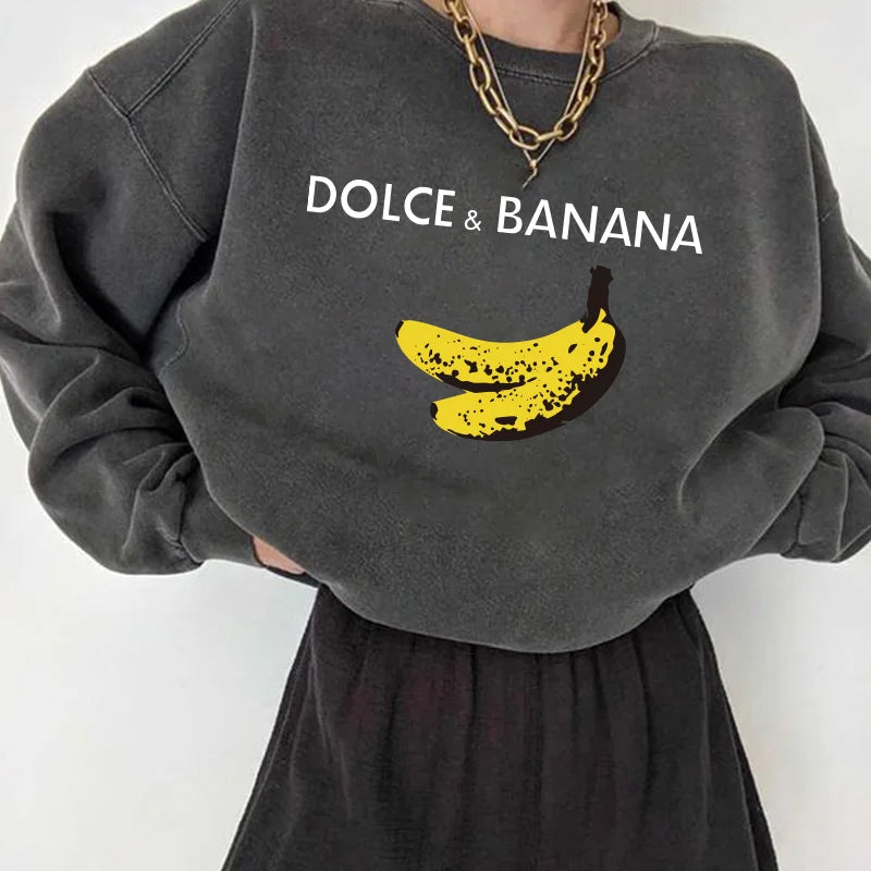 LVSANW Seeyoushy Banana Print Women Sweatshirts Streetwear Round Neck Long Sleeve Drop Shoulder Loose Winter Woman Sweatshirts Moletom