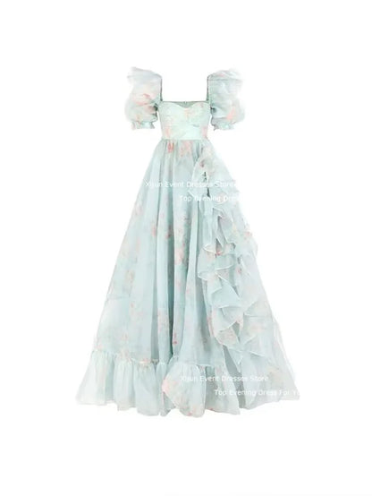 LVSANW Selkie Mint Long Princess Evening Dresses Prom Dresses Birthday Party Dresses Ruffles Ruched Prom Gown Puff Sleeves Prom Dress