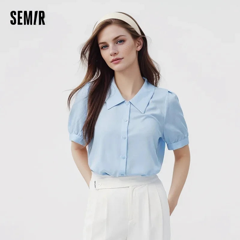 LVSANW Semir 2024 Short-Sleeved Shirt Women Puff Sleeves Loose  Summer New Style Easy Care Solid Color Top Shirts