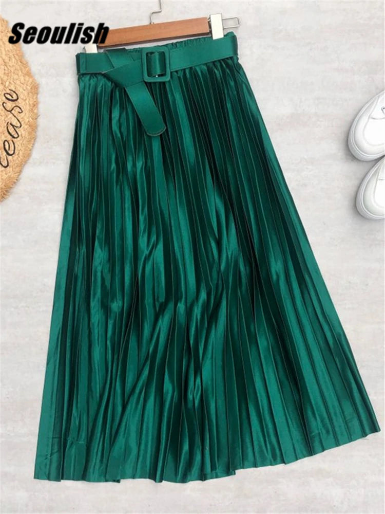 LVSANW Seoulish 2025 New Solid Elegant Stain Women's Pleated Skirts with Belted High Waist Skirts Mi-long Umbrella Skirt Spring Summer