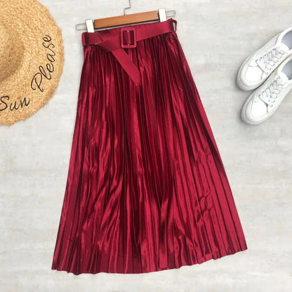 LVSANW Seoulish 2025 New Solid Elegant Stain Women's Pleated Skirts with Belted High Waist Skirts Mi-long Umbrella Skirt Spring Summer