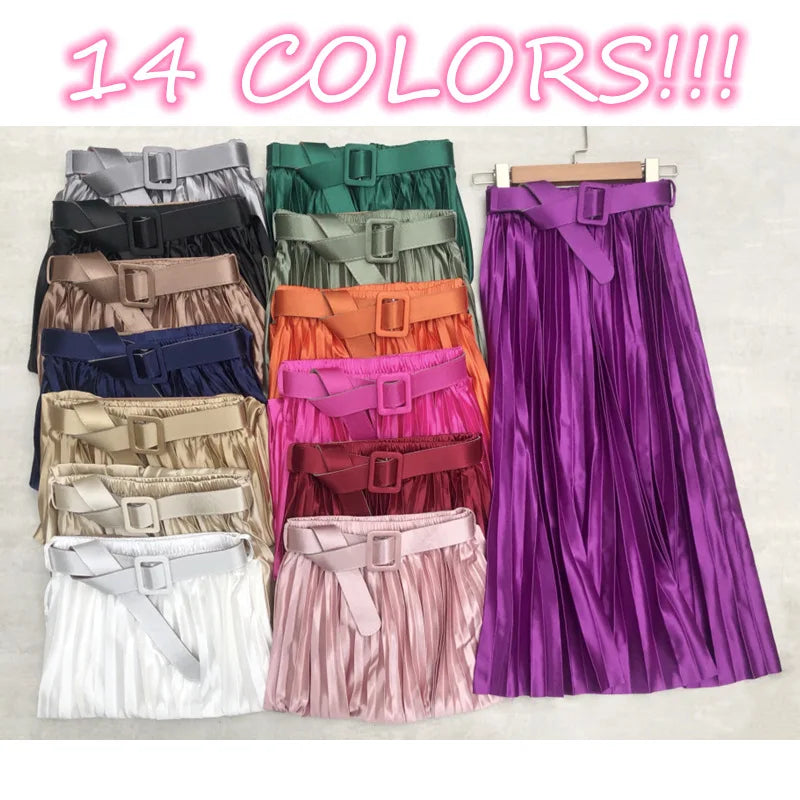 LVSANW Seoulish 2025 New Solid Elegant Stain Women's Pleated Skirts with Belted High Waist Skirts Mi-long Umbrella Skirt Spring Summer