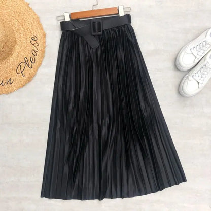 LVSANW Seoulish 2025 New Solid Elegant Stain Women's Pleated Skirts with Belted High Waist Skirts Mi-long Umbrella Skirt Spring Summer