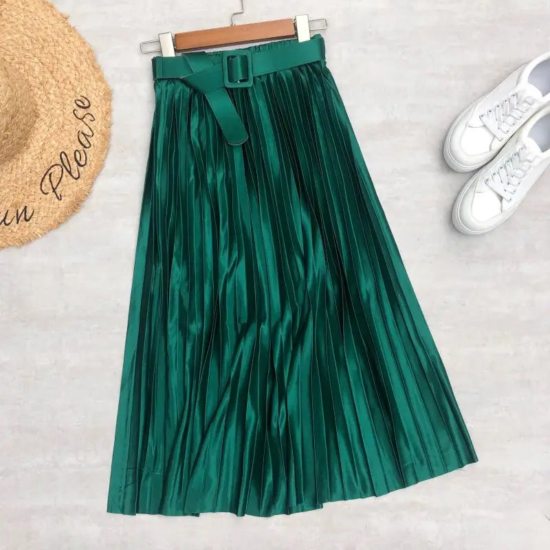 LVSANW Seoulish 2025 New Solid Elegant Stain Women's Pleated Skirts with Belted High Waist Skirts Mi-long Umbrella Skirt Spring Summer