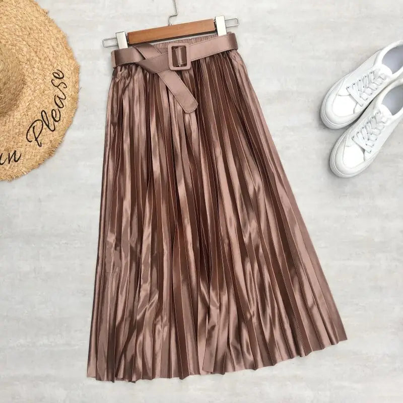 LVSANW Seoulish 2025 New Solid Elegant Stain Women's Pleated Skirts with Belted High Waist Skirts Mi-long Umbrella Skirt Spring Summer