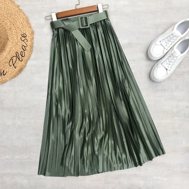 LVSANW Seoulish 2025 New Solid Elegant Stain Women's Pleated Skirts with Belted High Waist Skirts Mi-long Umbrella Skirt Spring Summer