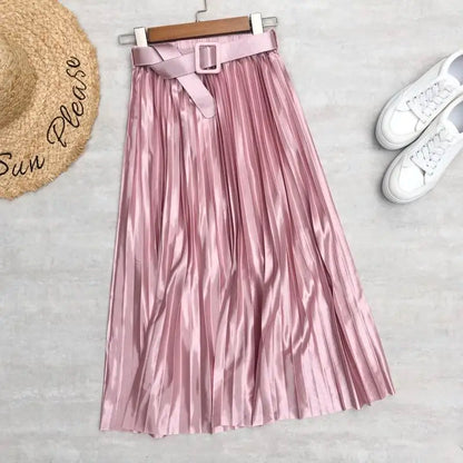 LVSANW Seoulish 2025 New Solid Elegant Stain Women's Pleated Skirts with Belted High Waist Skirts Mi-long Umbrella Skirt Spring Summer