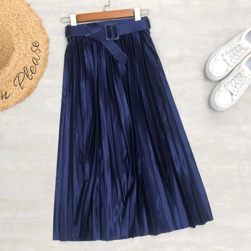 LVSANW Seoulish 2025 New Solid Elegant Stain Women's Pleated Skirts with Belted High Waist Skirts Mi-long Umbrella Skirt Spring Summer