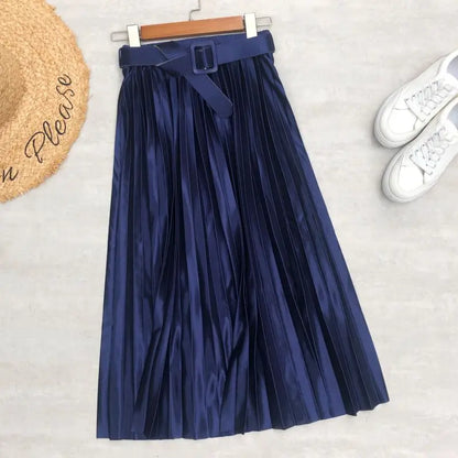 LVSANW Seoulish 2025 New Solid Elegant Stain Women's Pleated Skirts with Belted High Waist Skirts Mi-long Umbrella Skirt Spring Summer