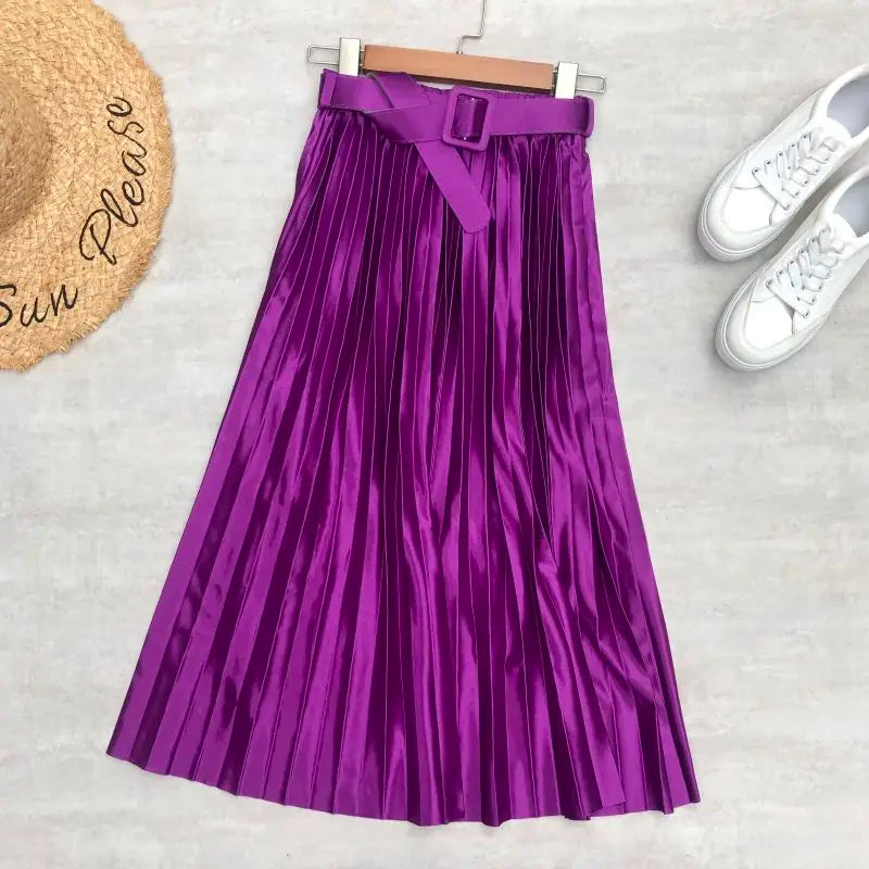 LVSANW Seoulish 2025 New Solid Elegant Stain Women's Pleated Skirts with Belted High Waist Skirts Mi-long Umbrella Skirt Spring Summer