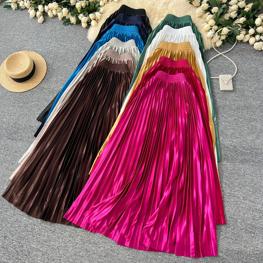 LVSANW Seoulish 2025 New Spring Summer Satin Pleated Long Skirts Chic High Waist Elegant Beach Solid Umbrella Maxi Skirt Female